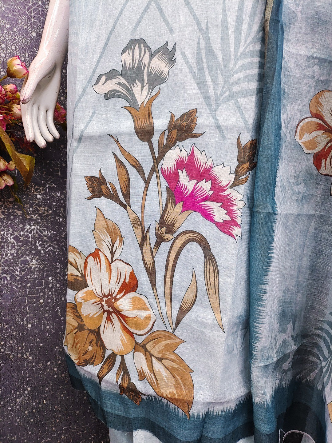 Elegant Floral Printed Grey Linen Dress Material Set - Image 4
