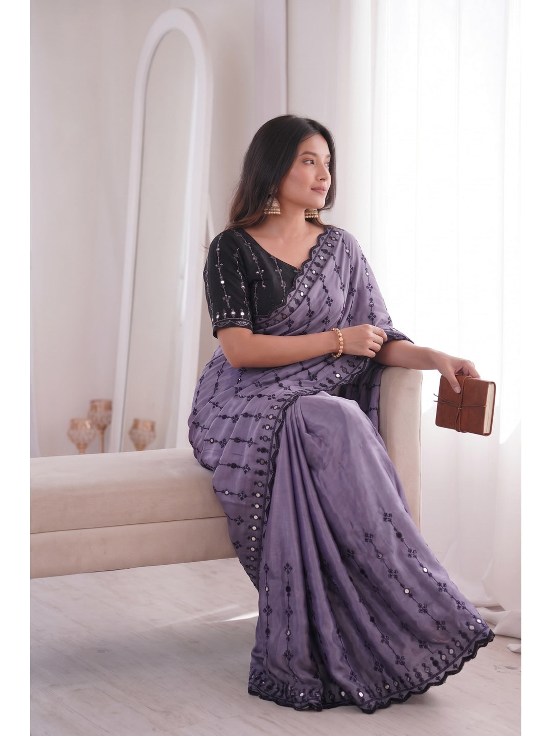 Peachmode Lavender Viscose Saree with Floral Embroidery and Mirror Work - Image 1
