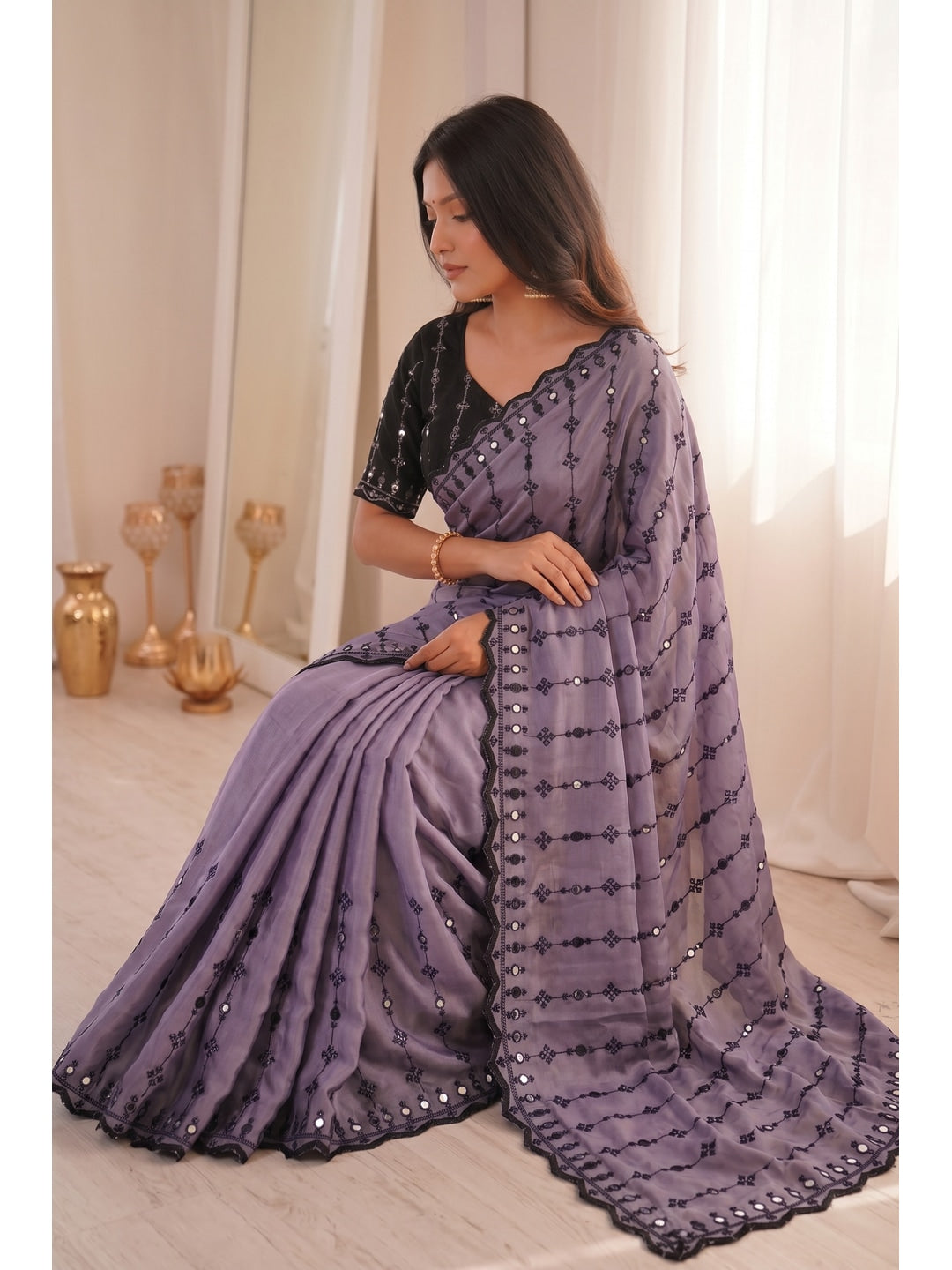 Peachmode Lavender Viscose Saree with Floral Embroidery and Mirror Work - Image 2