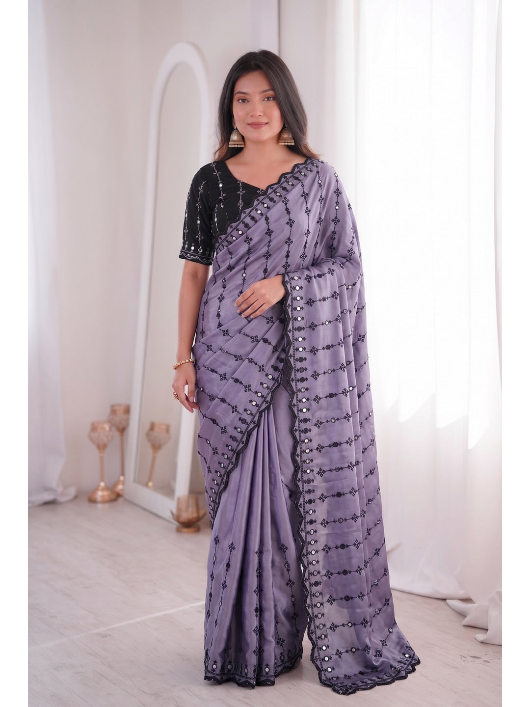 Peachmode Lavender Viscose Saree with Floral Embroidery and Mirror Work - Image 3