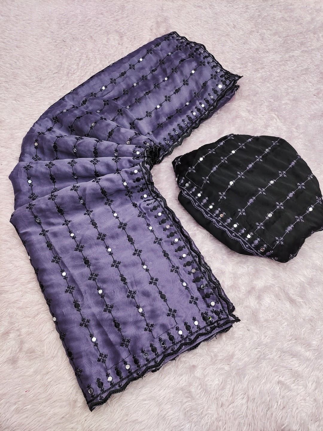 Peachmode Lavender Viscose Saree with Floral Embroidery and Mirror Work - Image 6