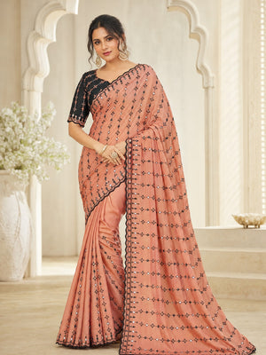 Peachmode Peach Viscose Saree with Floral Embroidery and Mirror Work - Image 1
