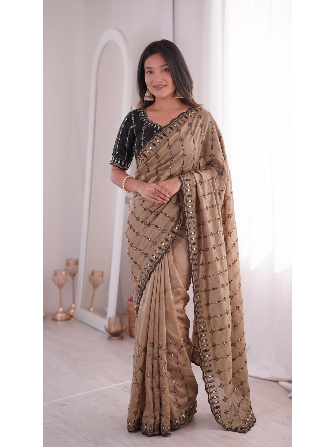 Peachmode Beige Viscose Saree with Floral Embroidery and Mirror Work - Image 1