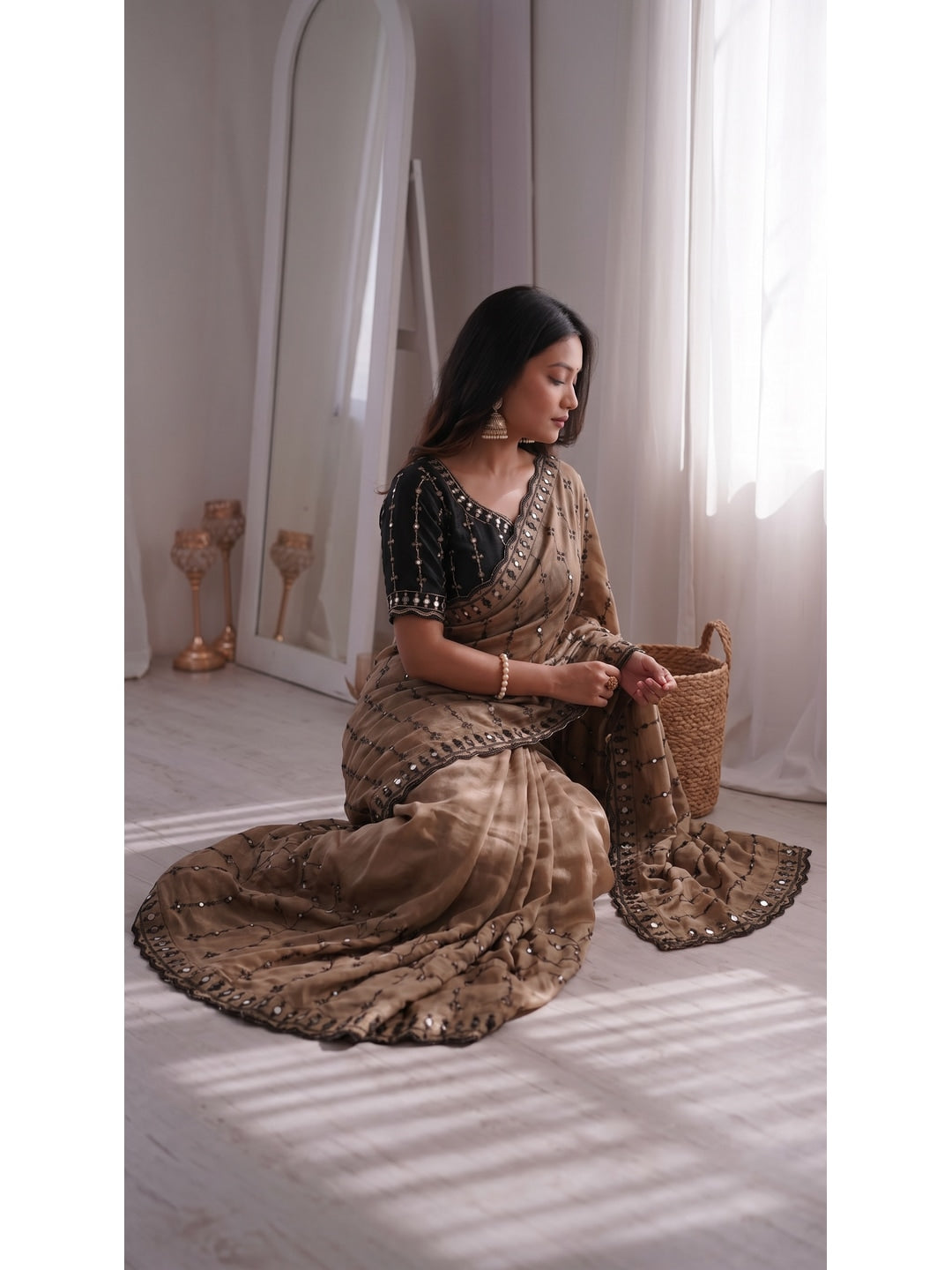 Peachmode Beige Viscose Saree with Floral Embroidery and Mirror Work - Image 3