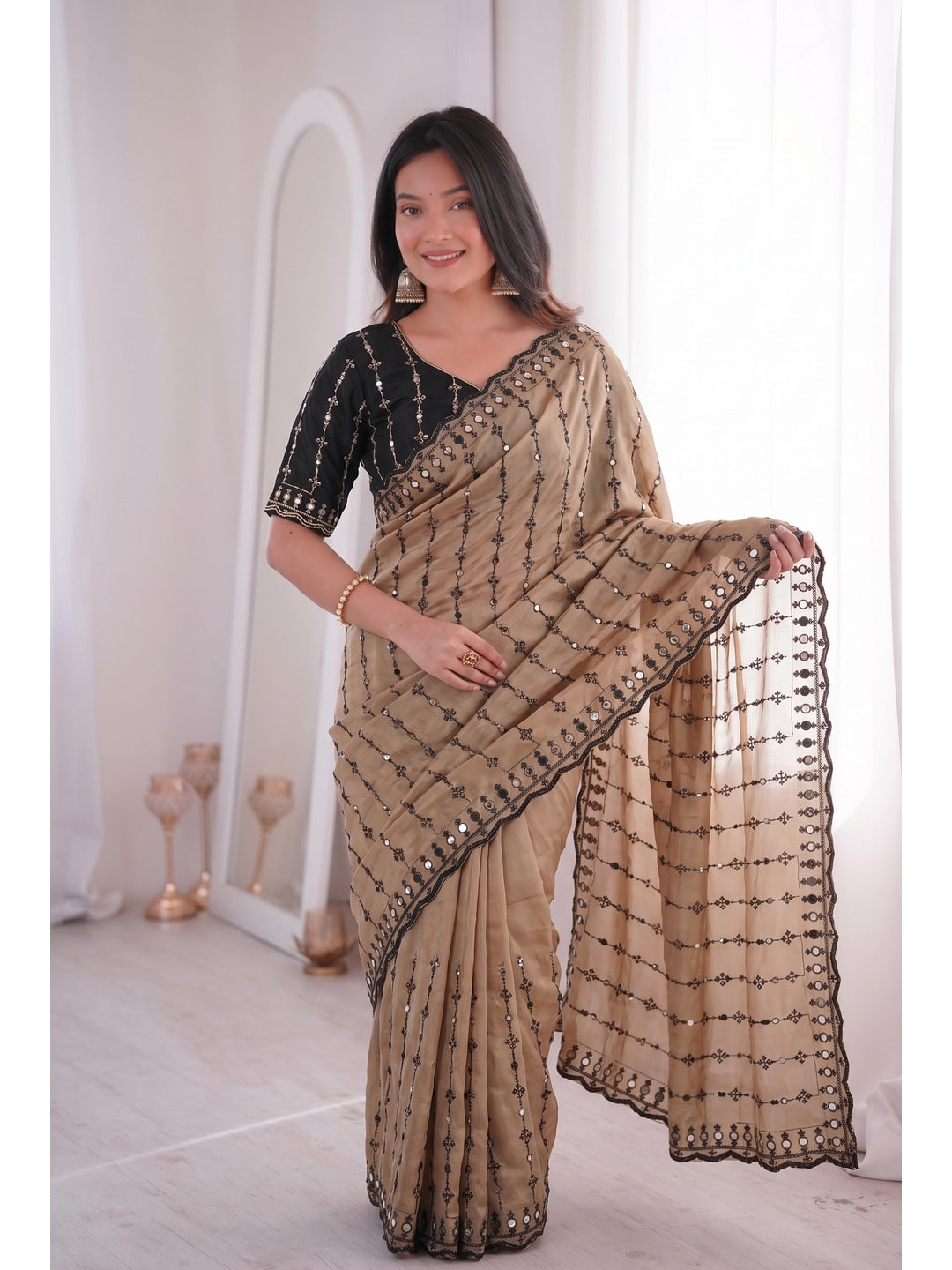 Peachmode Beige Viscose Saree with Floral Embroidery and Mirror Work - Image 5