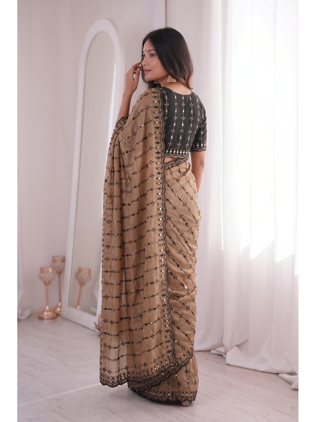 Peachmode Beige Viscose Saree with Floral Embroidery and Mirror Work - Image 6