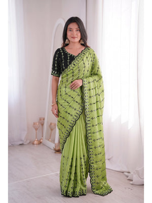 Peachmode Green Viscose Saree with Floral Embroidery and Mirror Work - Image 1