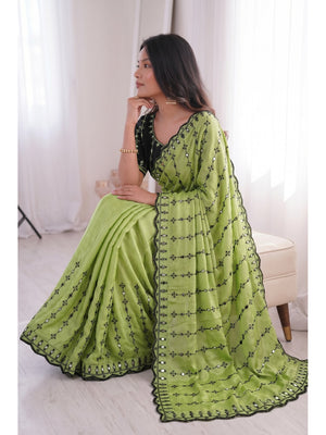 Peachmode Green Viscose Saree with Floral Embroidery and Mirror Work - Image 2