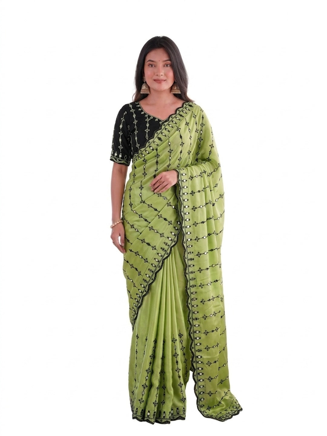 Peachmode Green Viscose Saree with Floral Embroidery and Mirror Work - Image 6