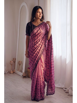 Peachmode Pink Viscose Saree with Floral Embroidery and Mirror Work - Image 2