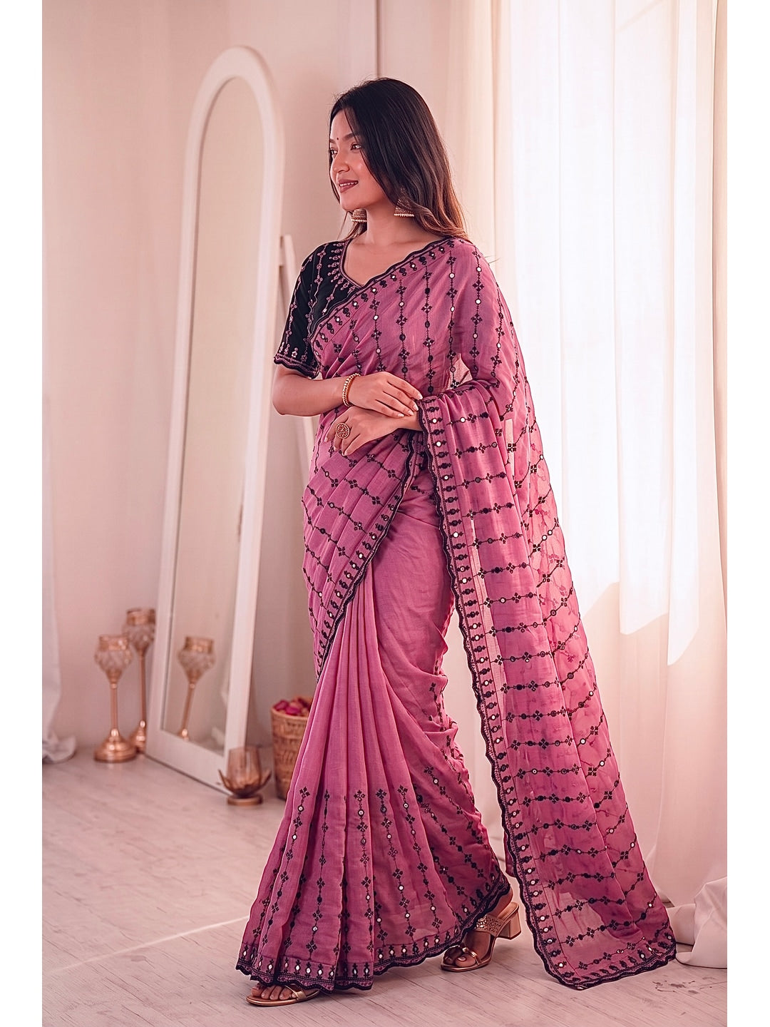 Peachmode Pink Viscose Saree with Floral Embroidery and Mirror Work - Image 6