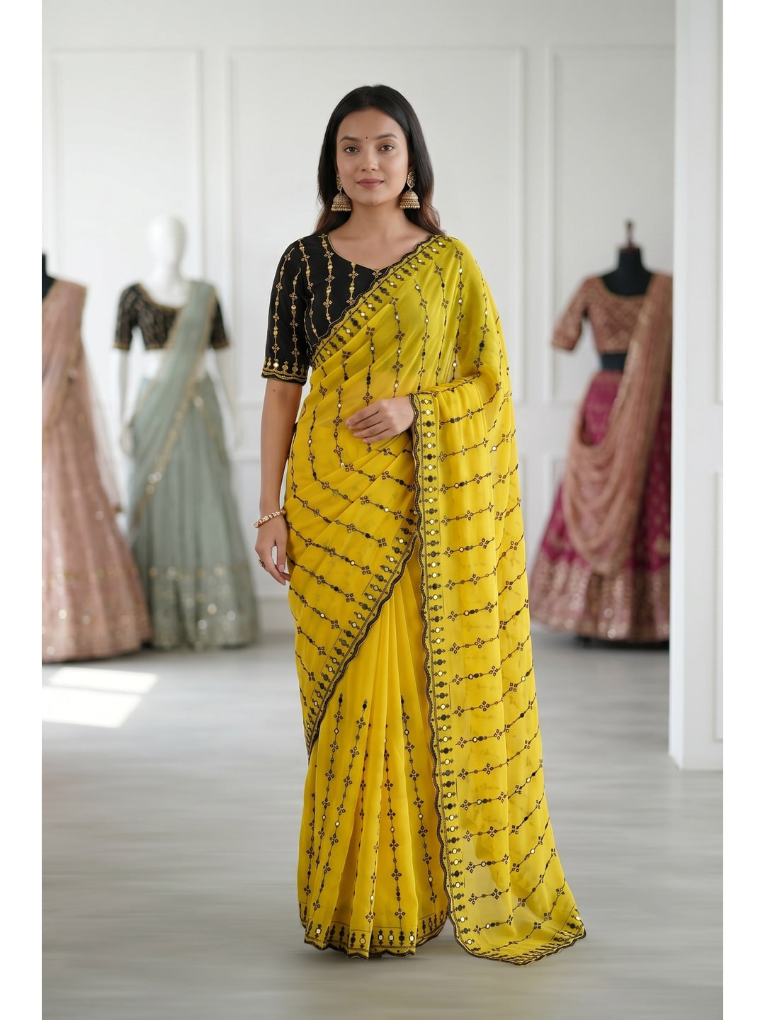 Peachmode Yellow Viscose Saree with Floral Embroidery and Mirror Work - Image 1
