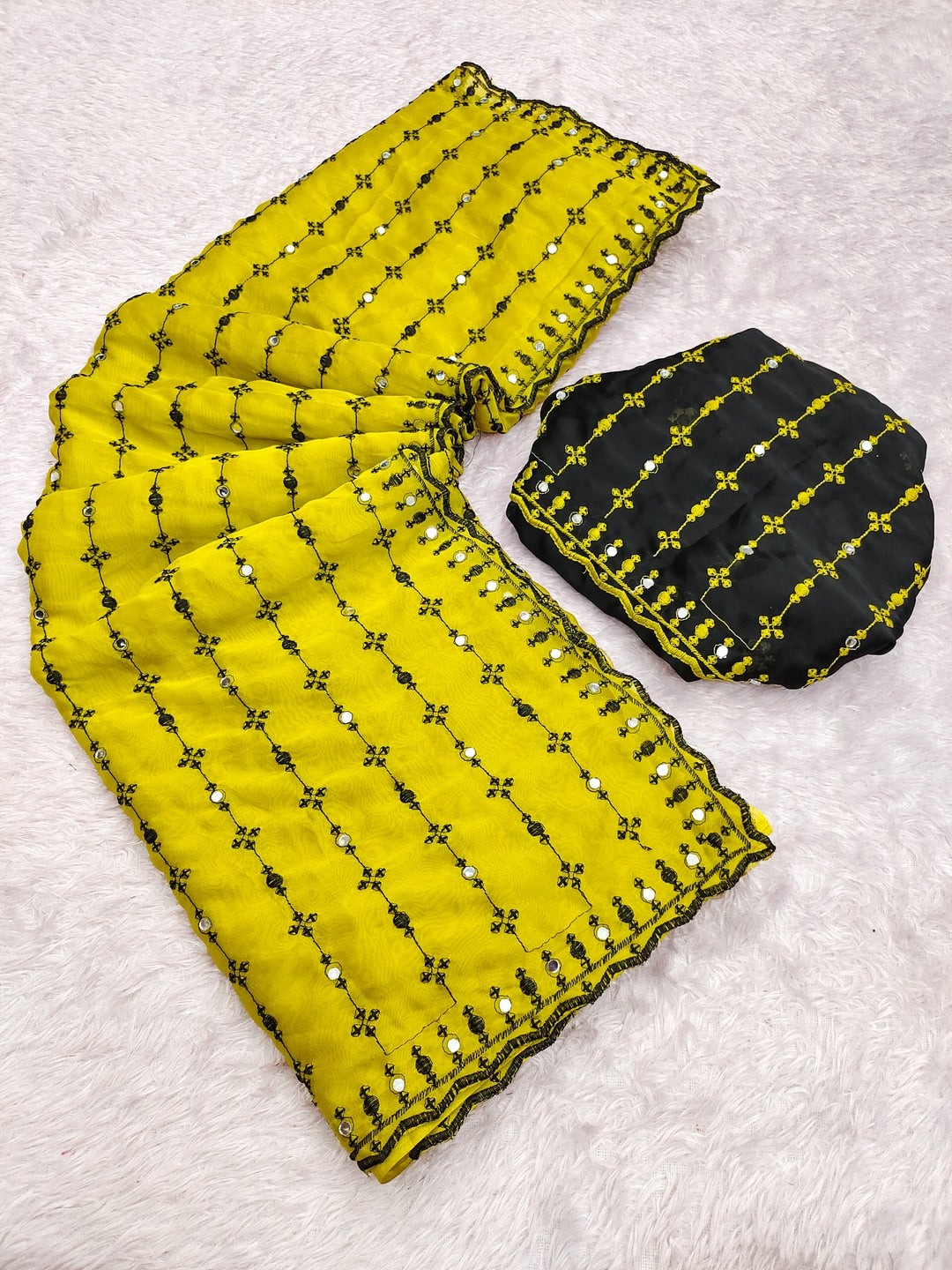 Peachmode Yellow Viscose Saree with Floral Embroidery and Mirror Work - Image 6