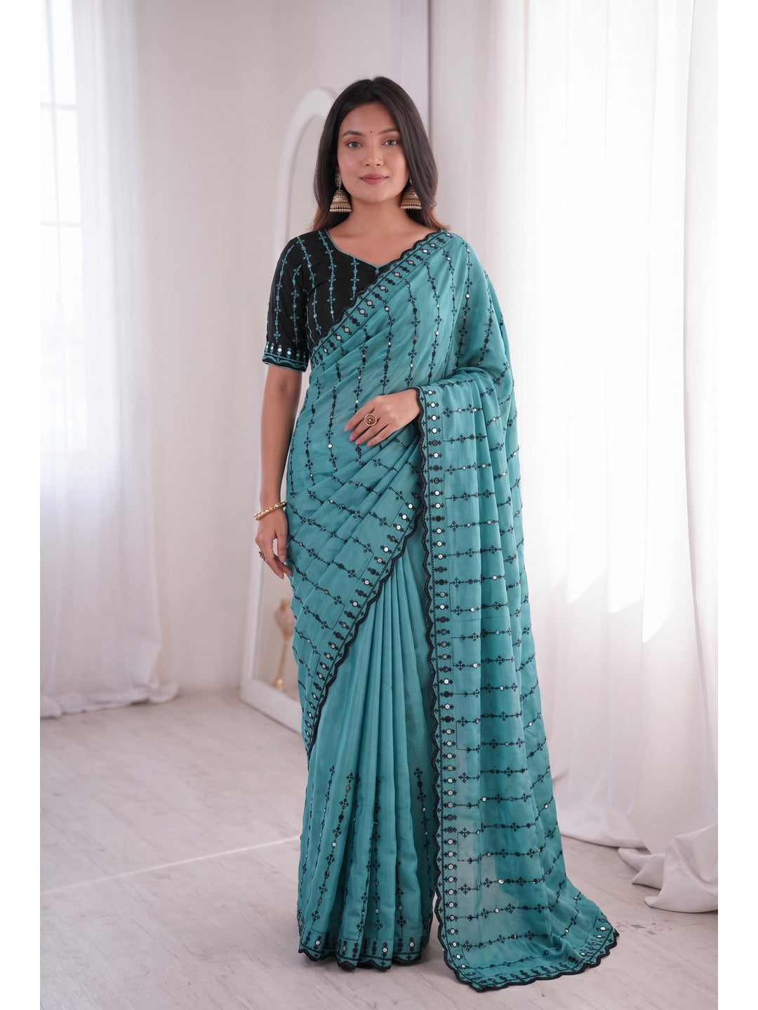 Peachmode Turquoise Viscose Saree with Floral Embroidery and Mirror Work - Image 1