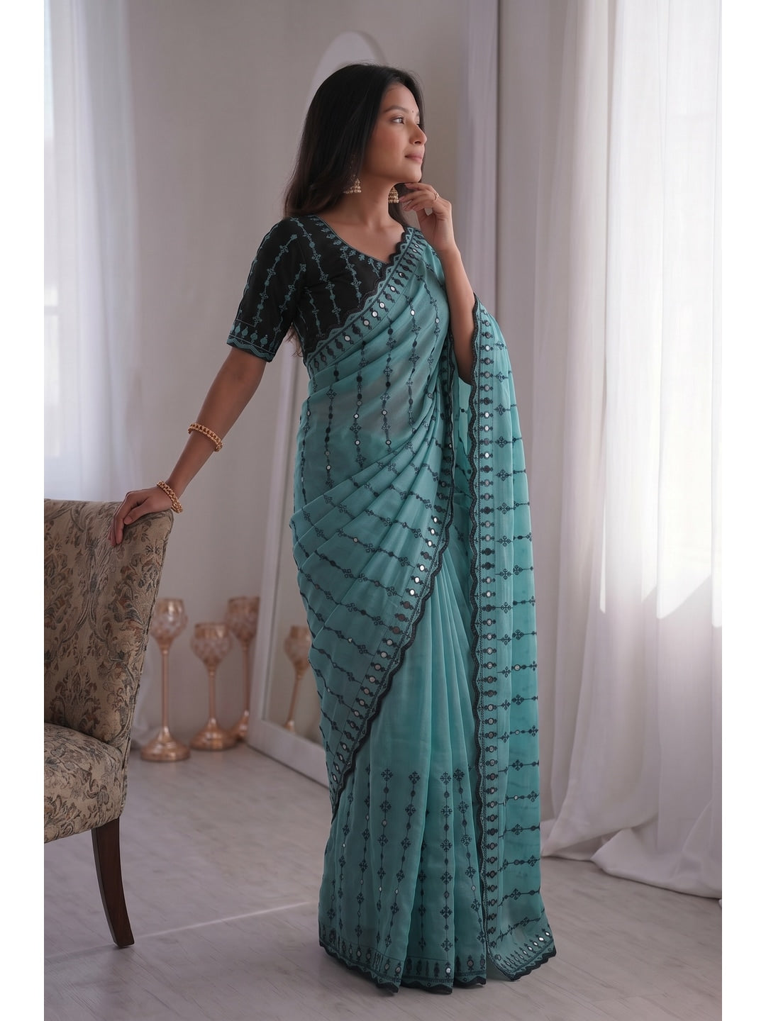 Peachmode Turquoise Viscose Saree with Floral Embroidery and Mirror Work - Image 2