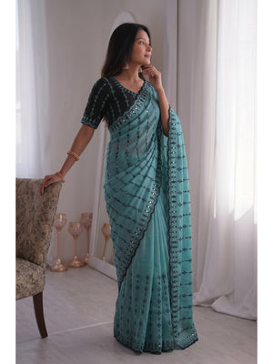 Peachmode Turquoise Viscose Saree with Floral Embroidery and Mirror Work - Image 2