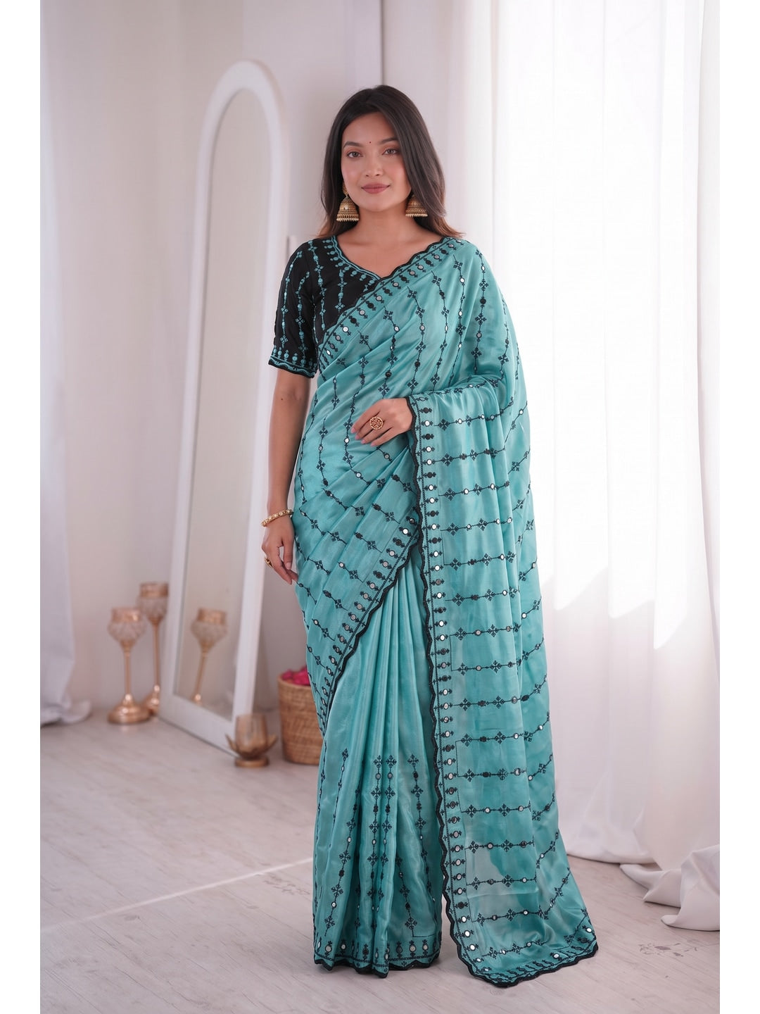 Peachmode Turquoise Viscose Saree with Floral Embroidery and Mirror Work - Image 5