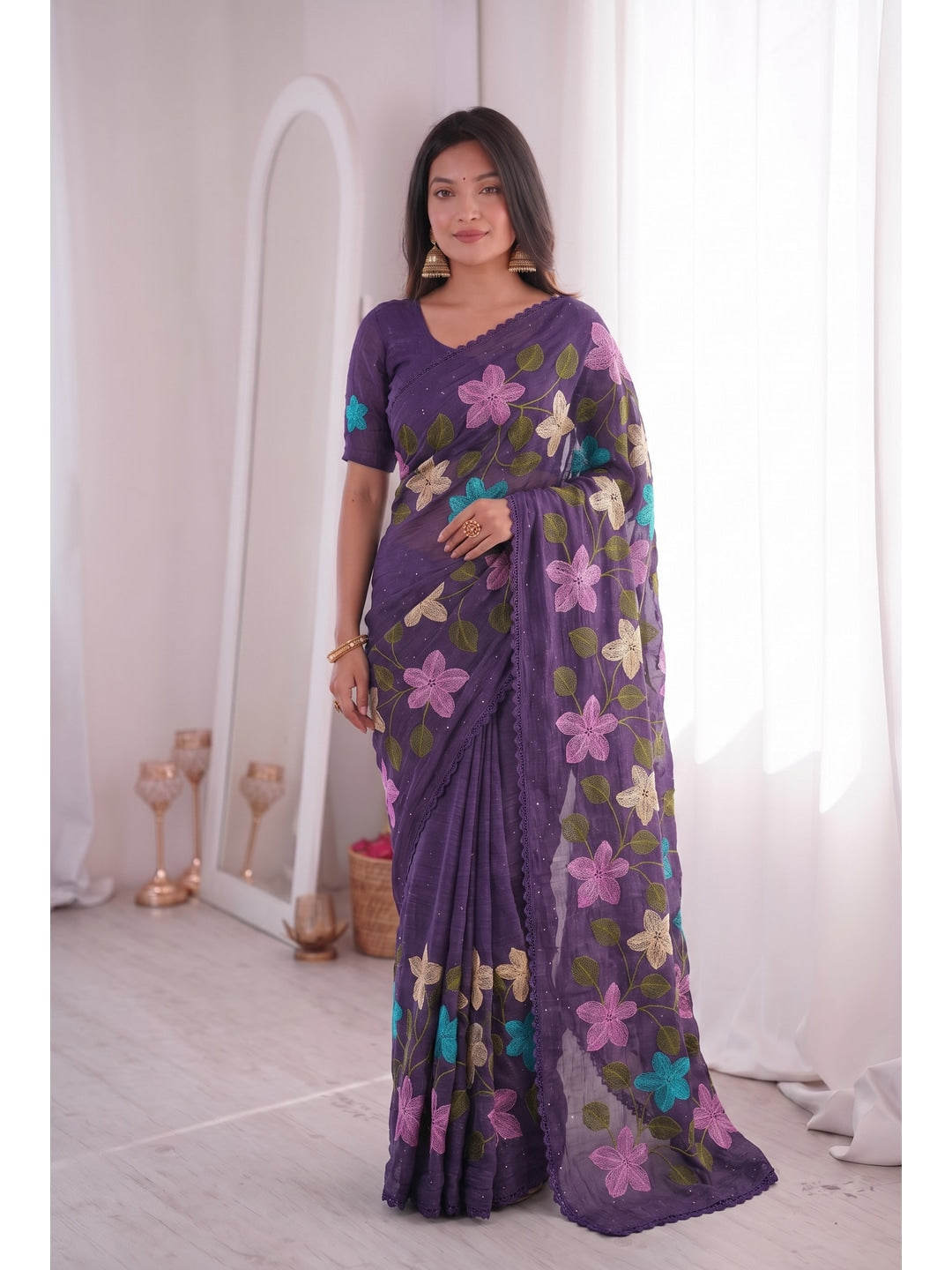 Peachmode Purple Viscose Saree with Floral Thread Work - Image 1