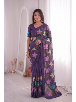 Peachmode Purple Viscose Saree with Floral Thread Work - Image 1