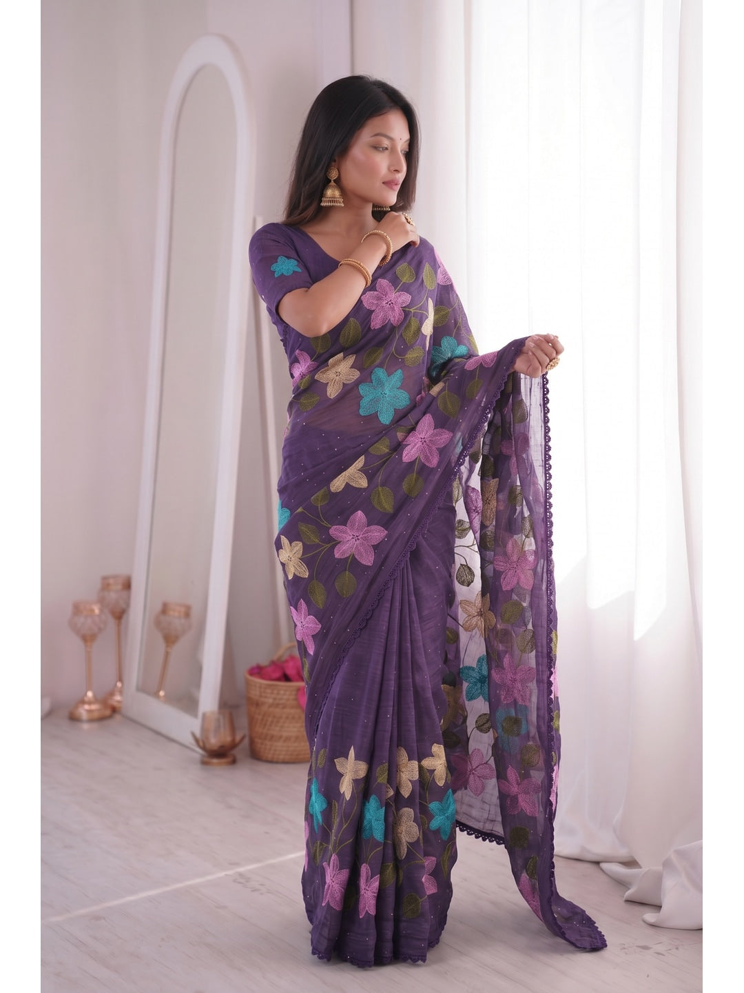 Peachmode Purple Viscose Saree with Floral Thread Work - Image 2