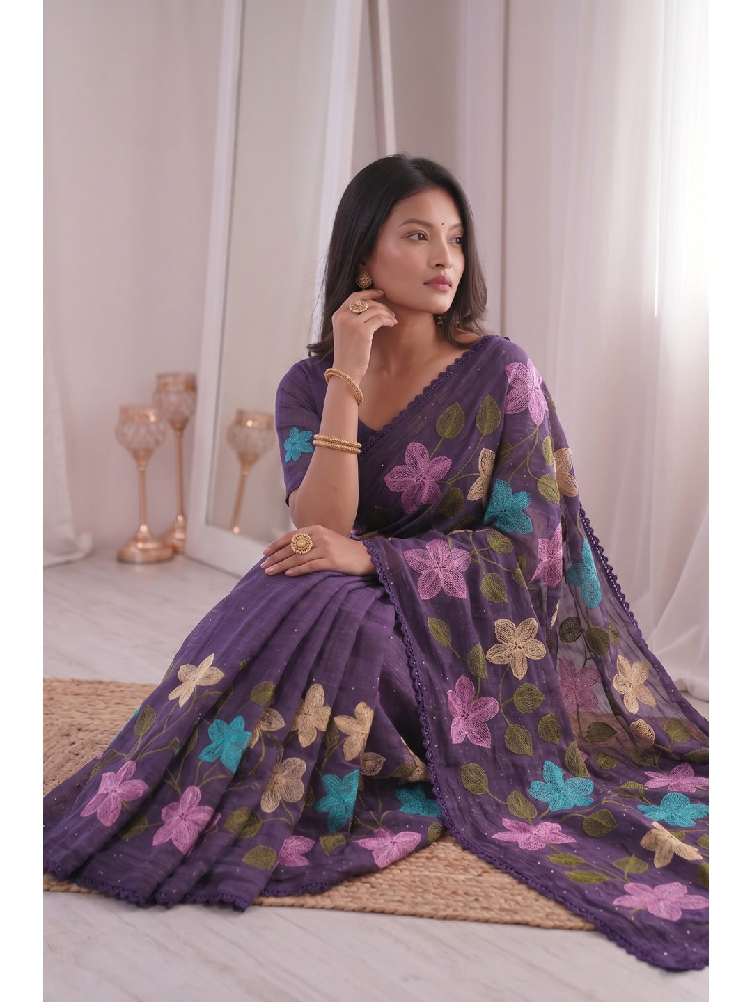 Peachmode Purple Viscose Saree with Floral Thread Work - Image 3