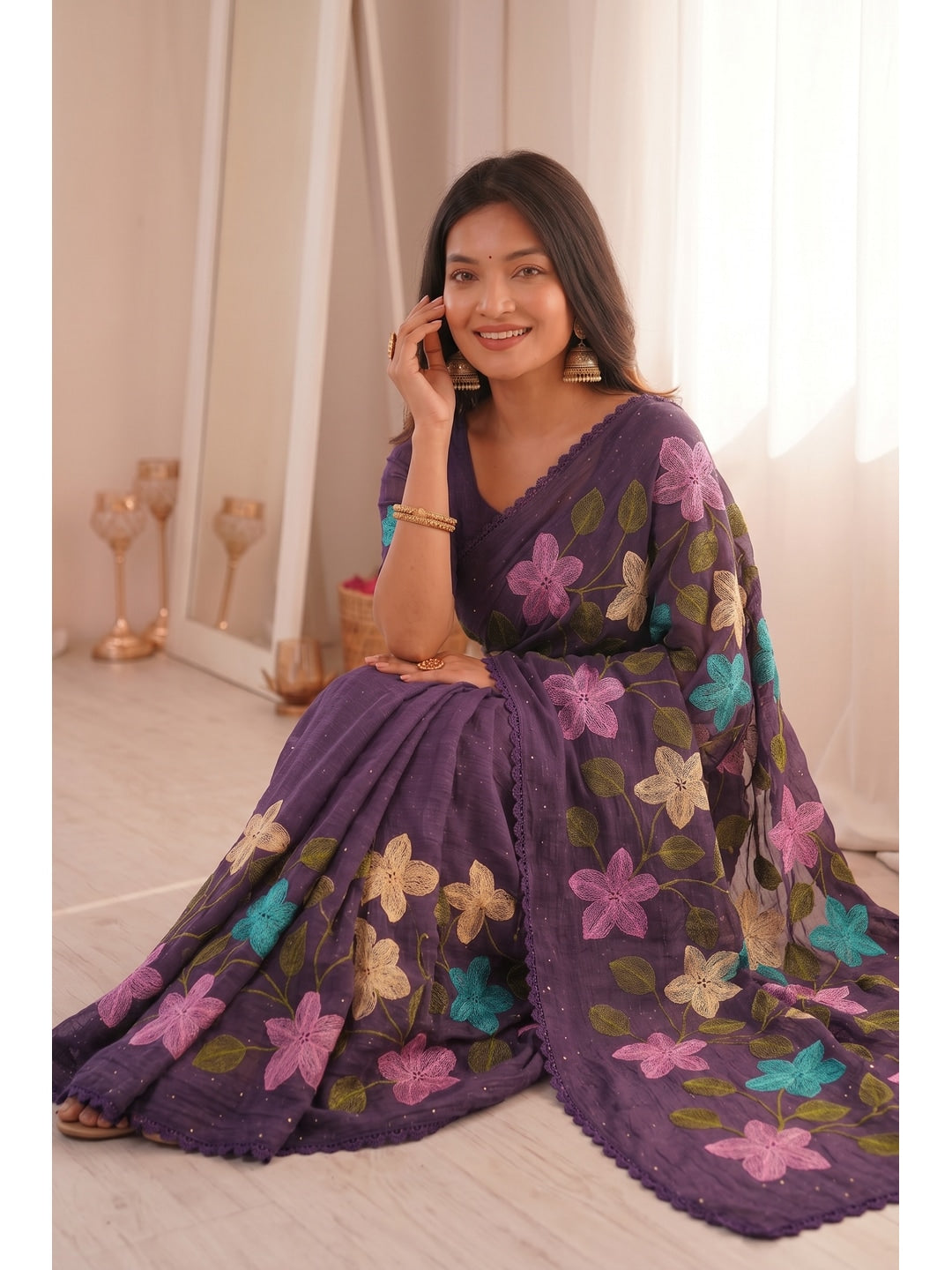 Peachmode Purple Viscose Saree with Floral Thread Work - Image 4