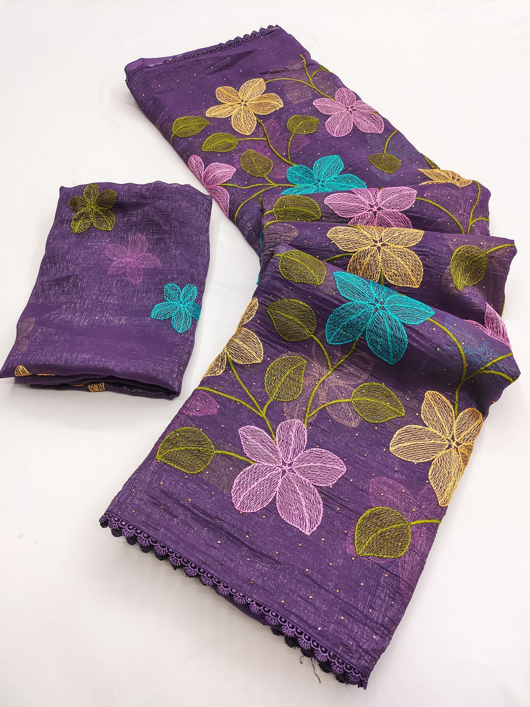 Peachmode Purple Viscose Saree with Floral Thread Work - Image 5