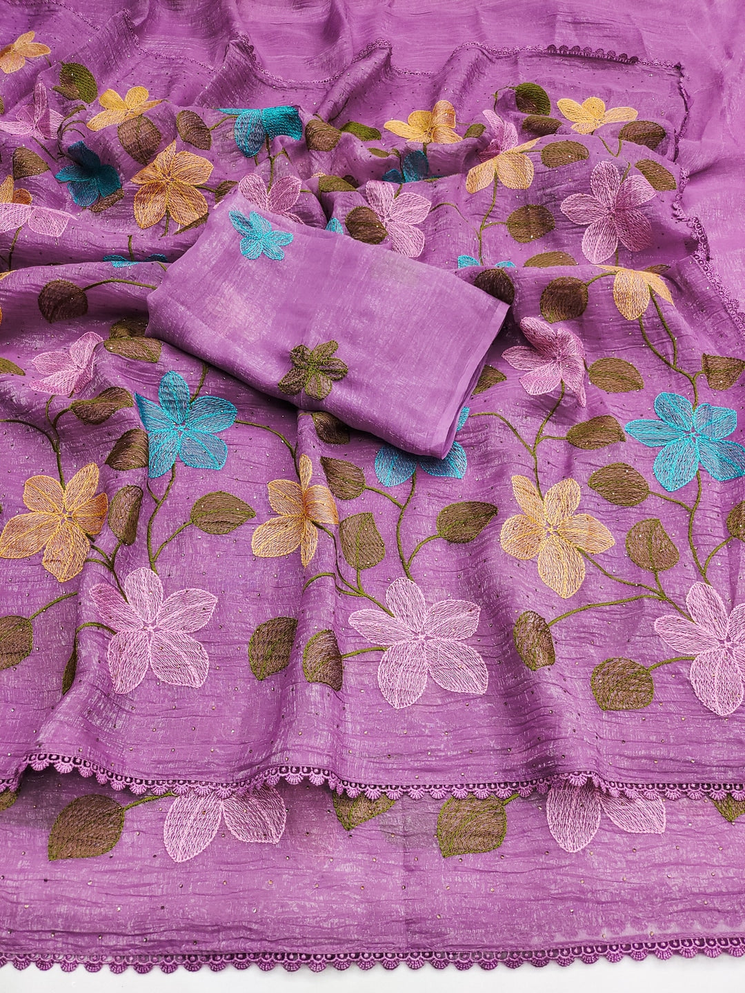 Peachmode Purple Viscose Saree with Floral Thread Work - Image 6