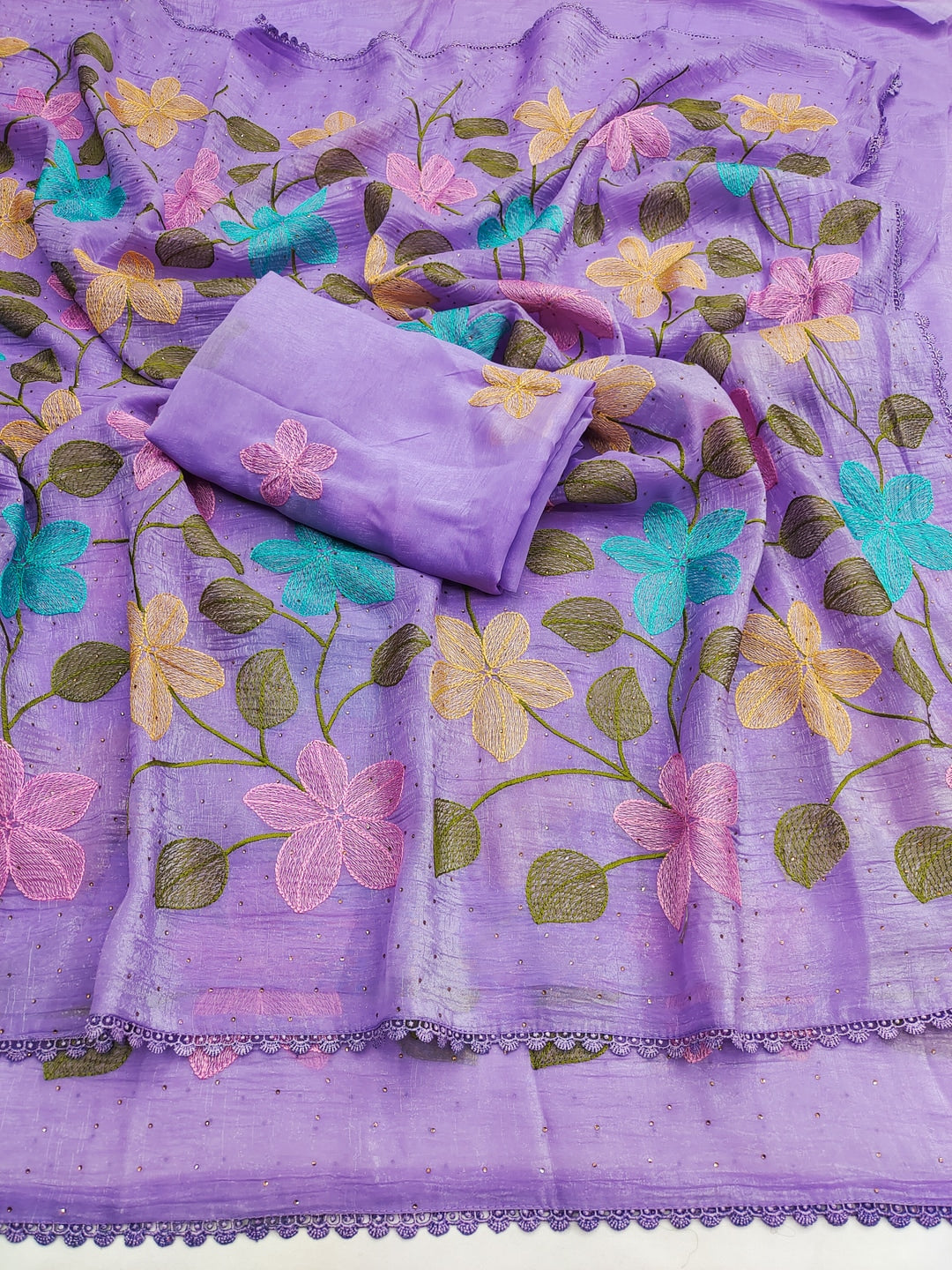 Peachmode Purple Viscose Saree with Floral Thread Work - Image 7