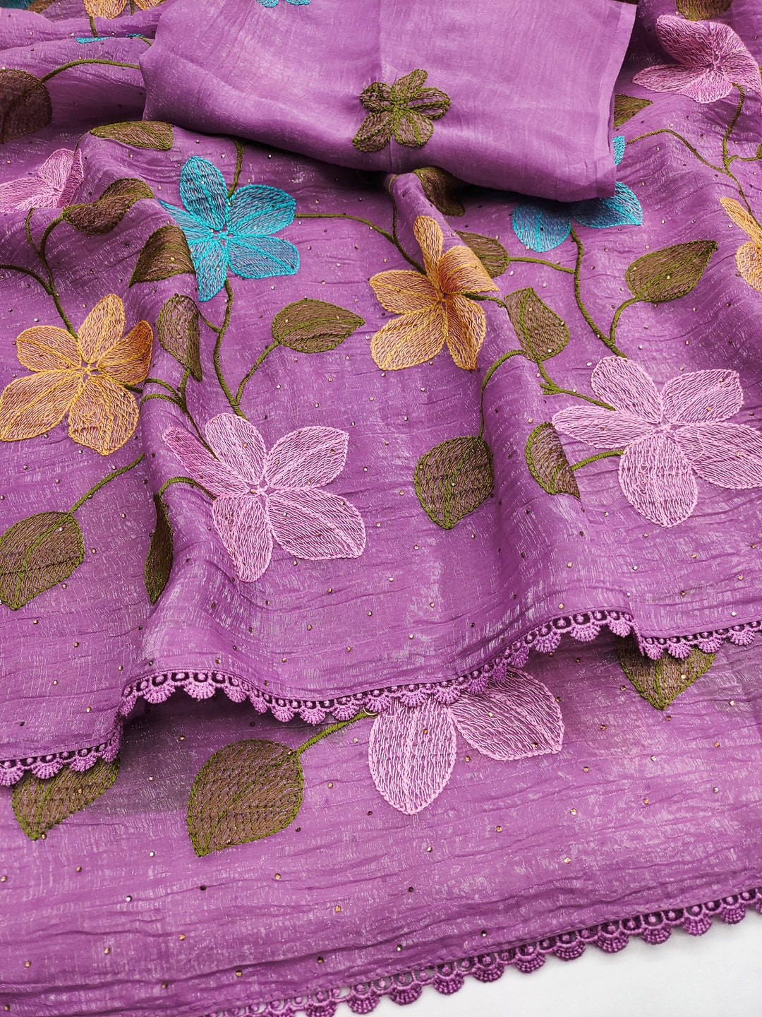 Peachmode Purple Viscose Saree with Floral Thread Work - Image 8