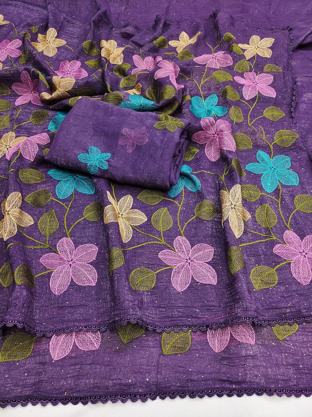 Peachmode Purple Viscose Saree with Floral Thread Work - Image 9