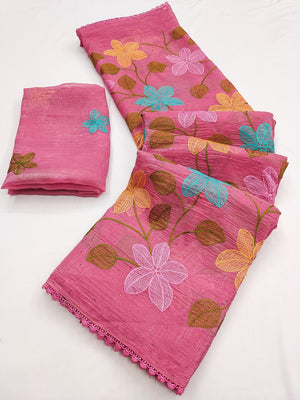 Peachmode Pink Viscose Saree with Floral Thread Work - Image 2