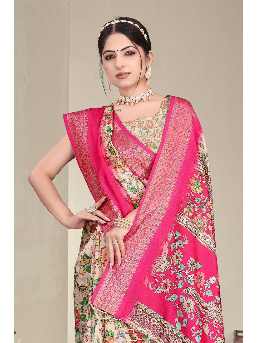 Peachmode Pink Cotton Silk Digital Print Saree with Jacquard Border - Image 7