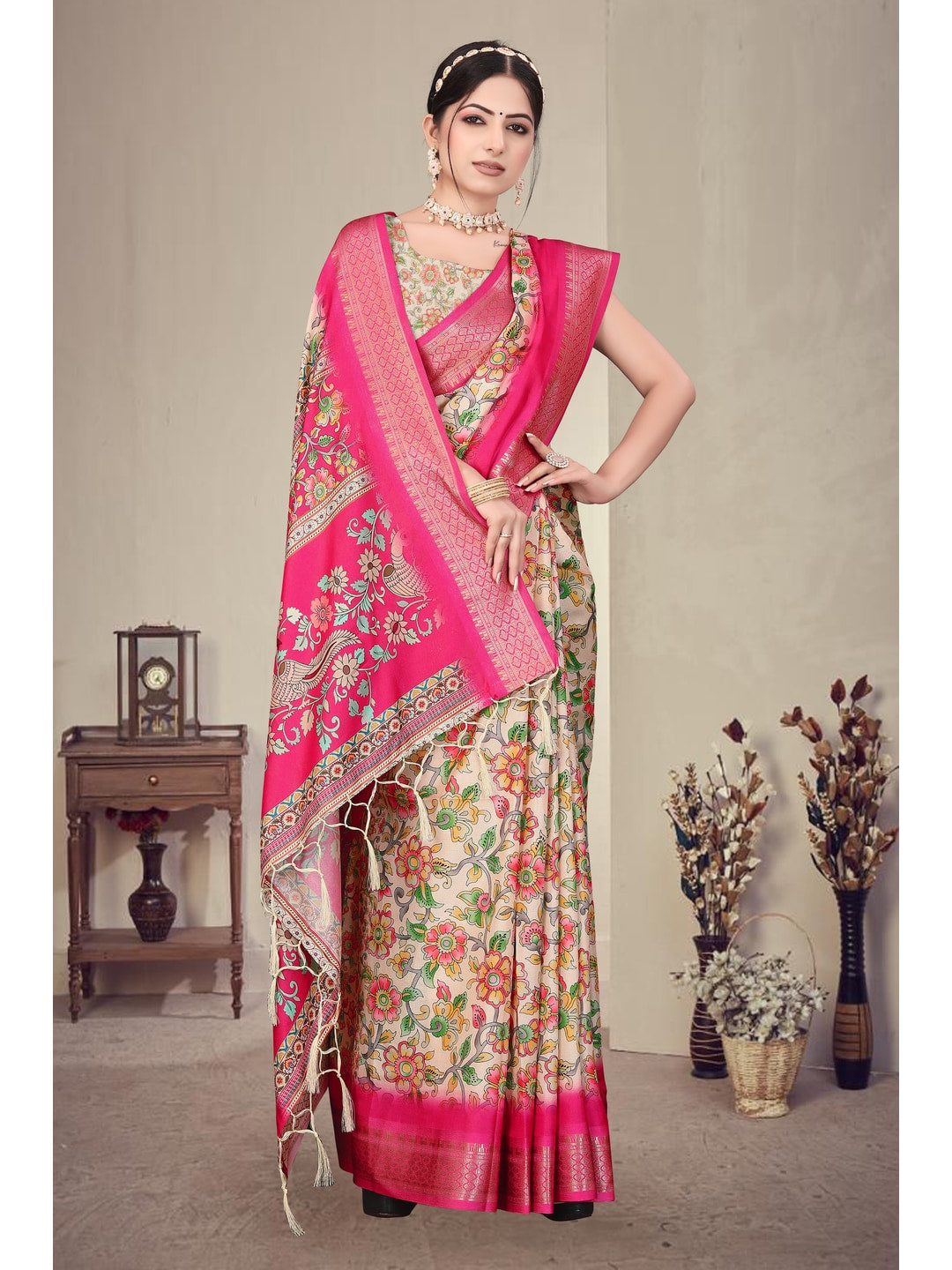 Peachmode Pink Cotton Silk Digital Print Saree with Jacquard Border - Image 8