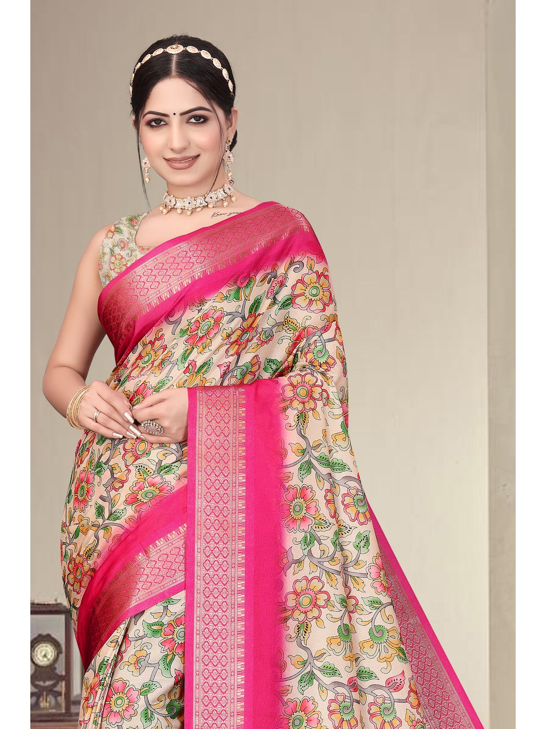 Peachmode Pink Cotton Silk Digital Print Saree with Jacquard Border - Image 11