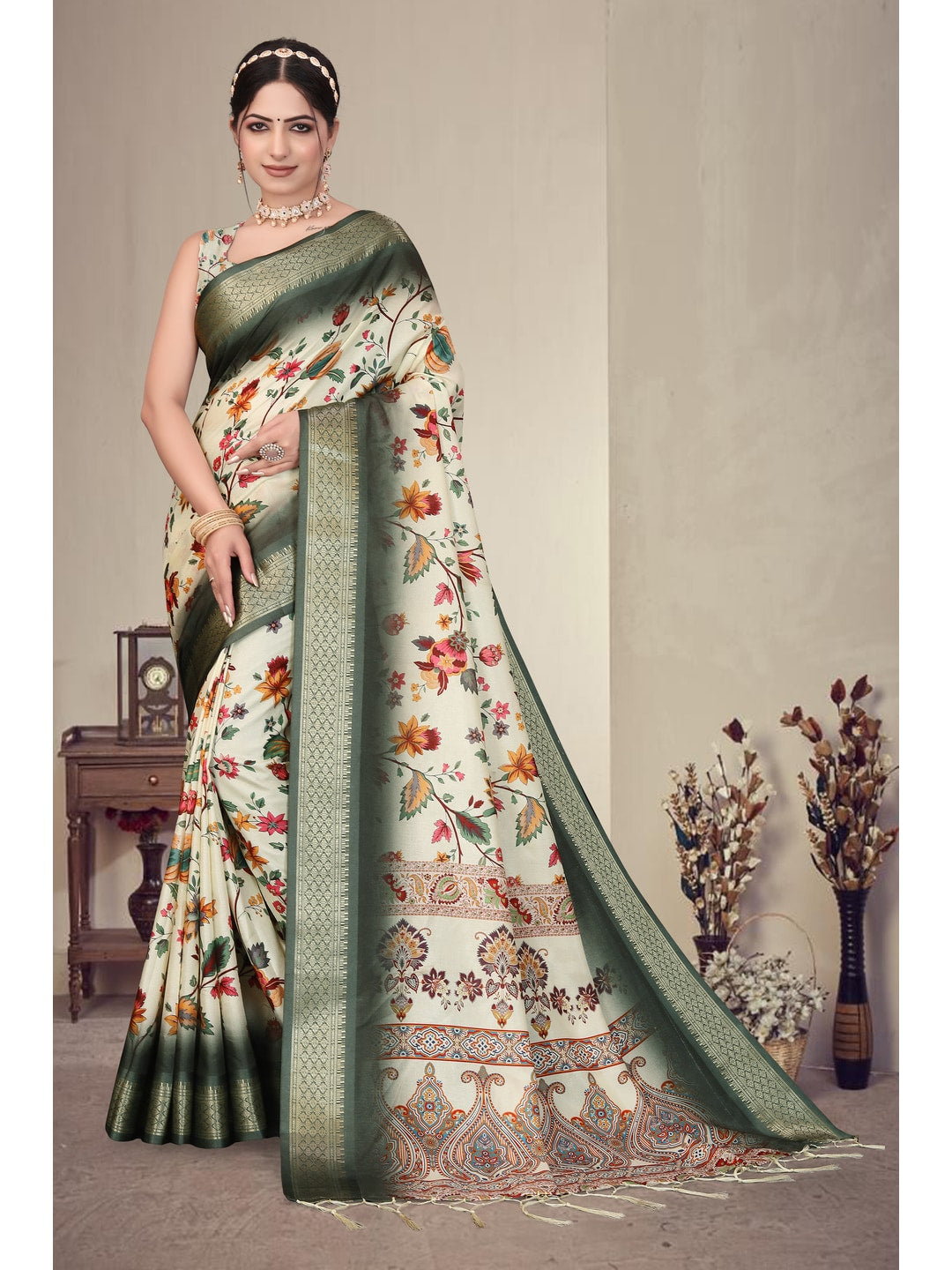 Peachmode Green Cotton Silk Digital Print Saree with Jacquard Border - Image 5