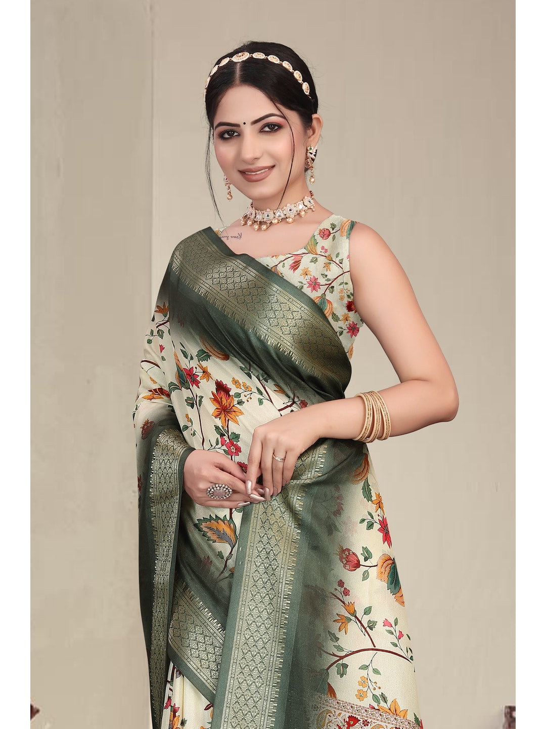 Peachmode Green Cotton Silk Digital Print Saree with Jacquard Border - Image 6