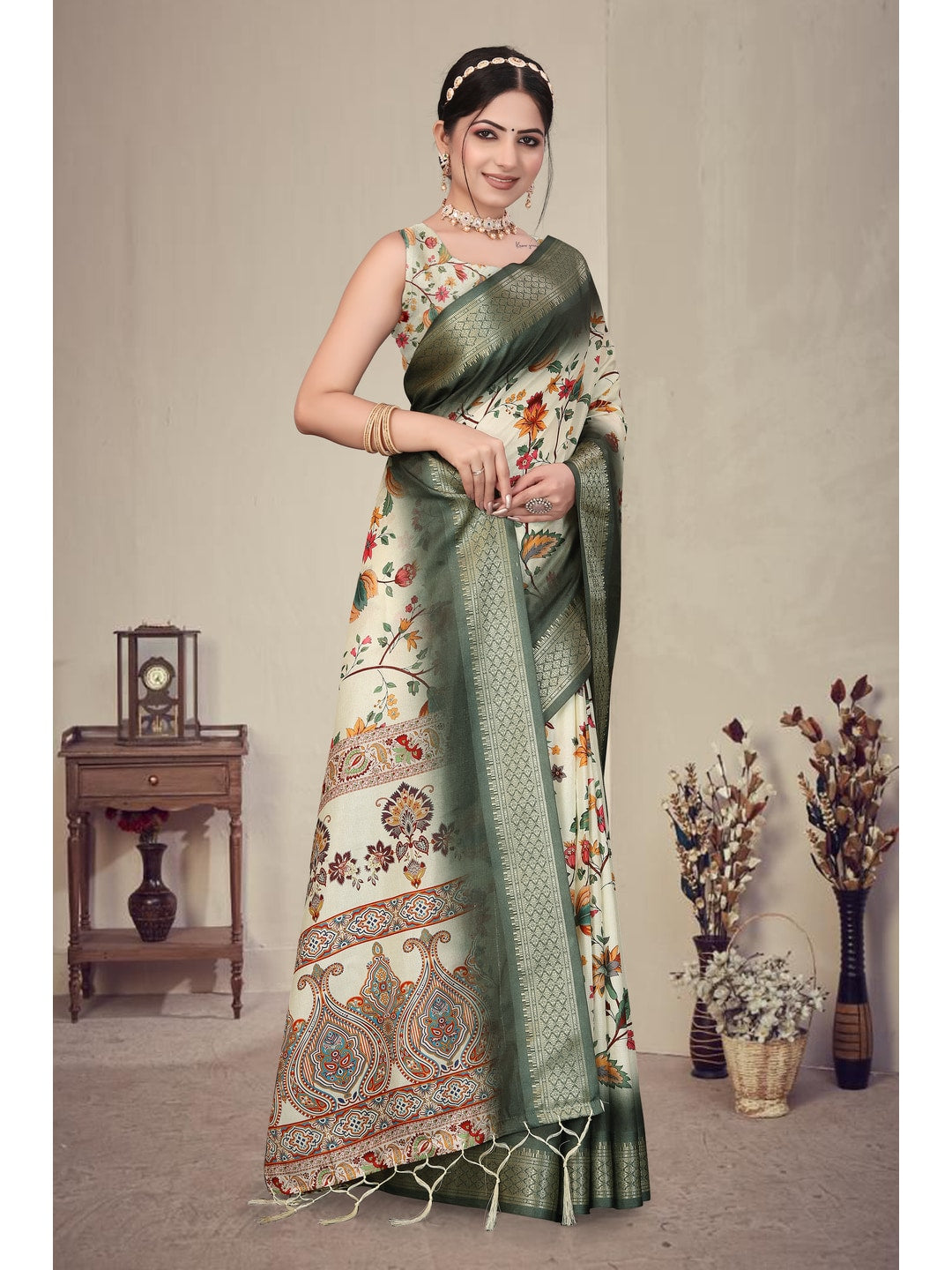 Peachmode Green Cotton Silk Digital Print Saree with Jacquard Border - Image 7