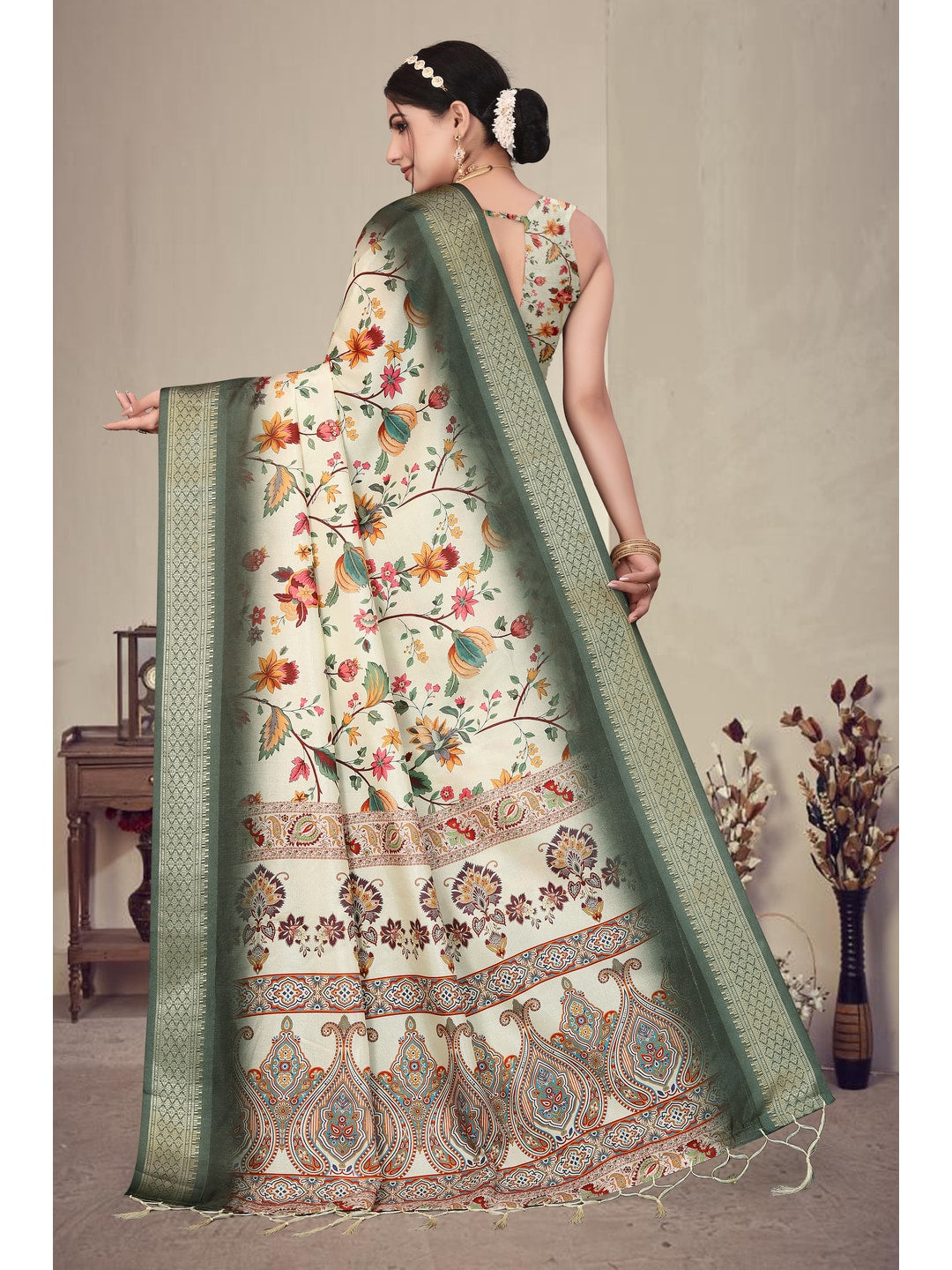 Peachmode Green Cotton Silk Digital Print Saree with Jacquard Border - Image 8