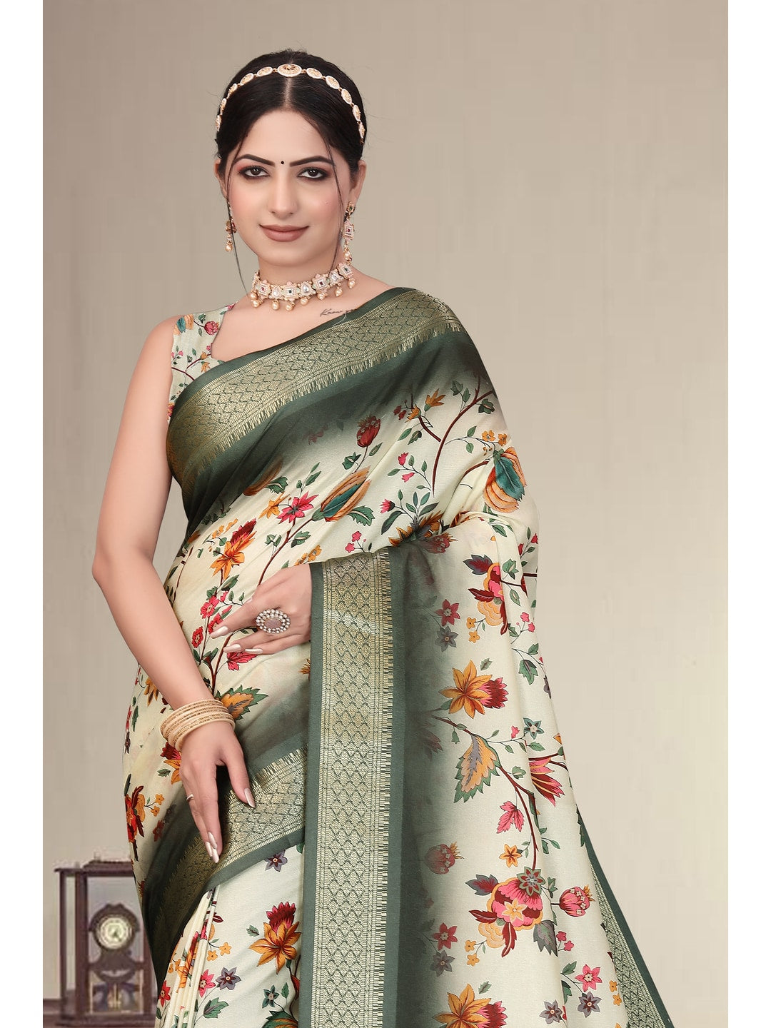 Peachmode Green Cotton Silk Digital Print Saree with Jacquard Border - Image 10