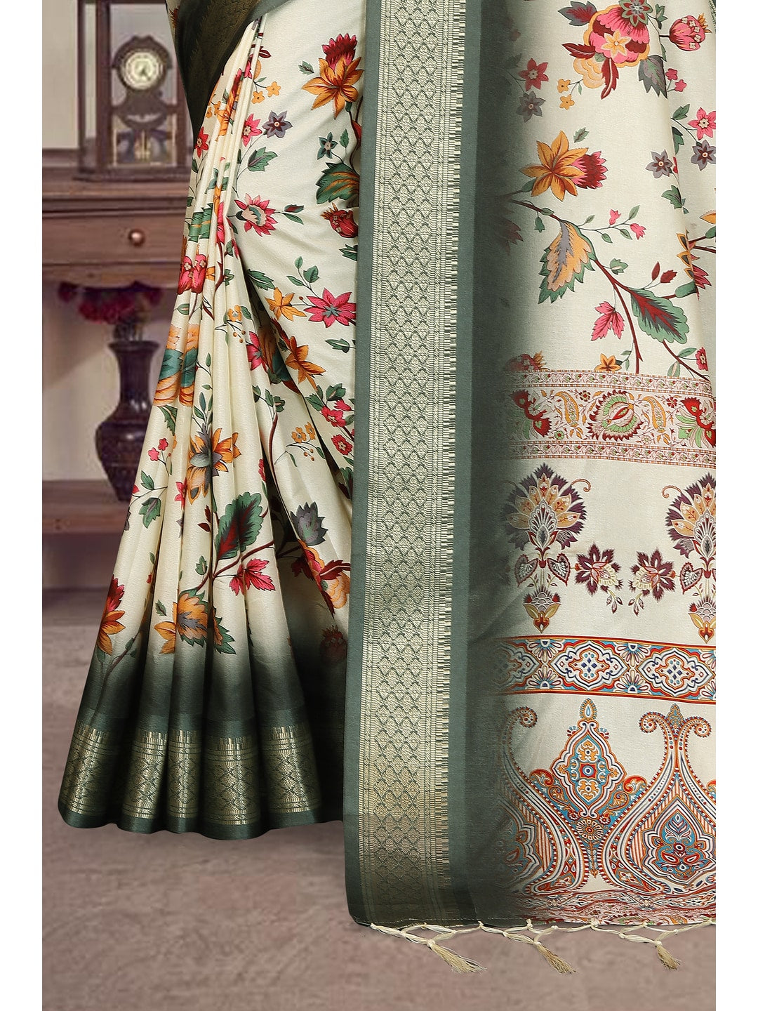 Peachmode Green Cotton Silk Digital Print Saree with Jacquard Border - Image 11