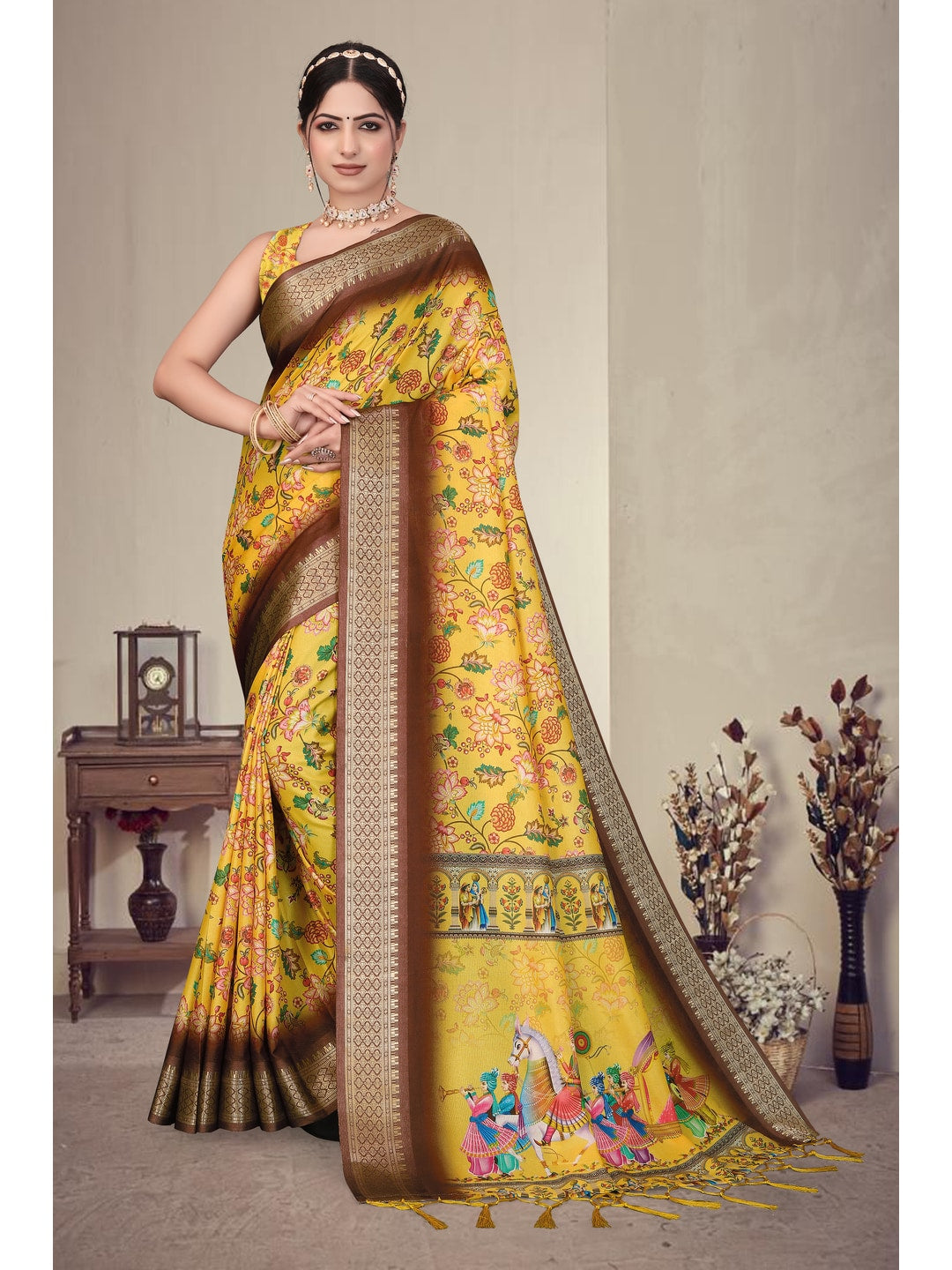 Peachmode Yellow Cotton Silk Digital Print Saree with Jacquard Border - Image 5