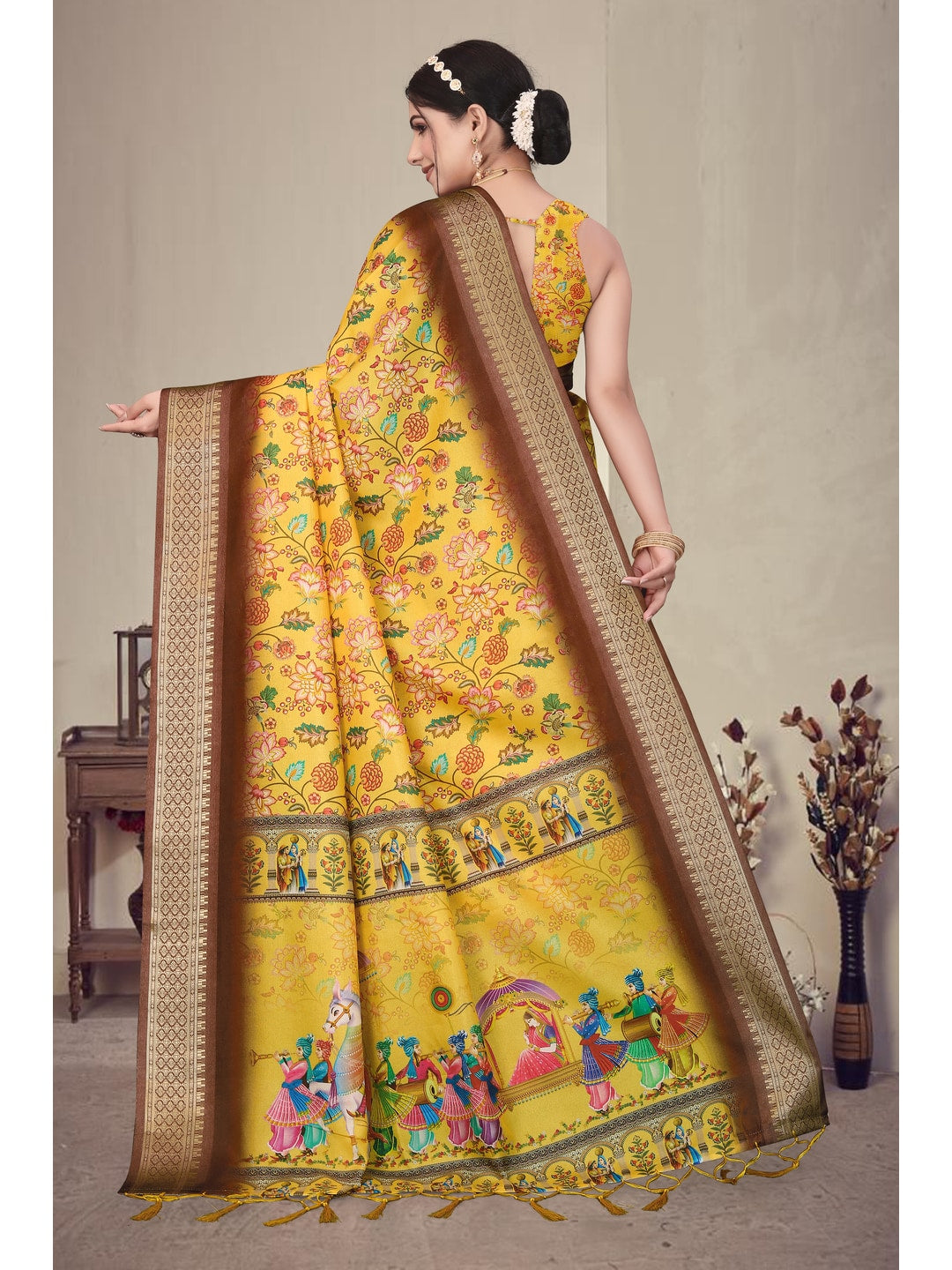 Peachmode Yellow Cotton Silk Digital Print Saree with Jacquard Border - Image 6