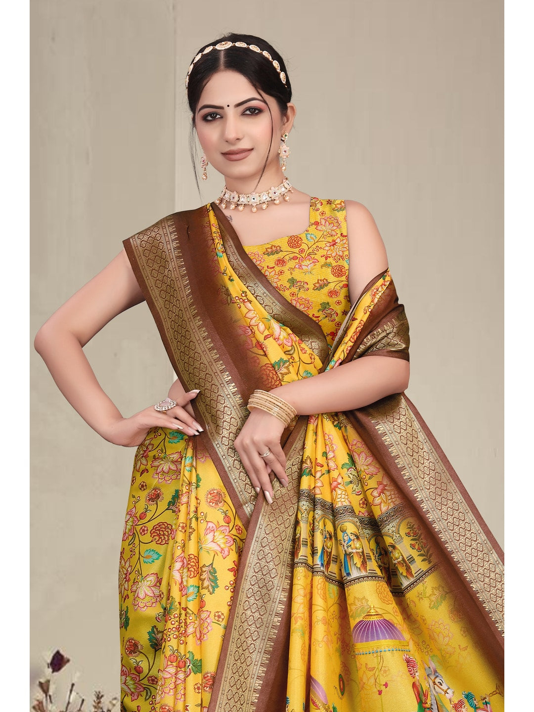 Peachmode Yellow Cotton Silk Digital Print Saree with Jacquard Border - Image 7
