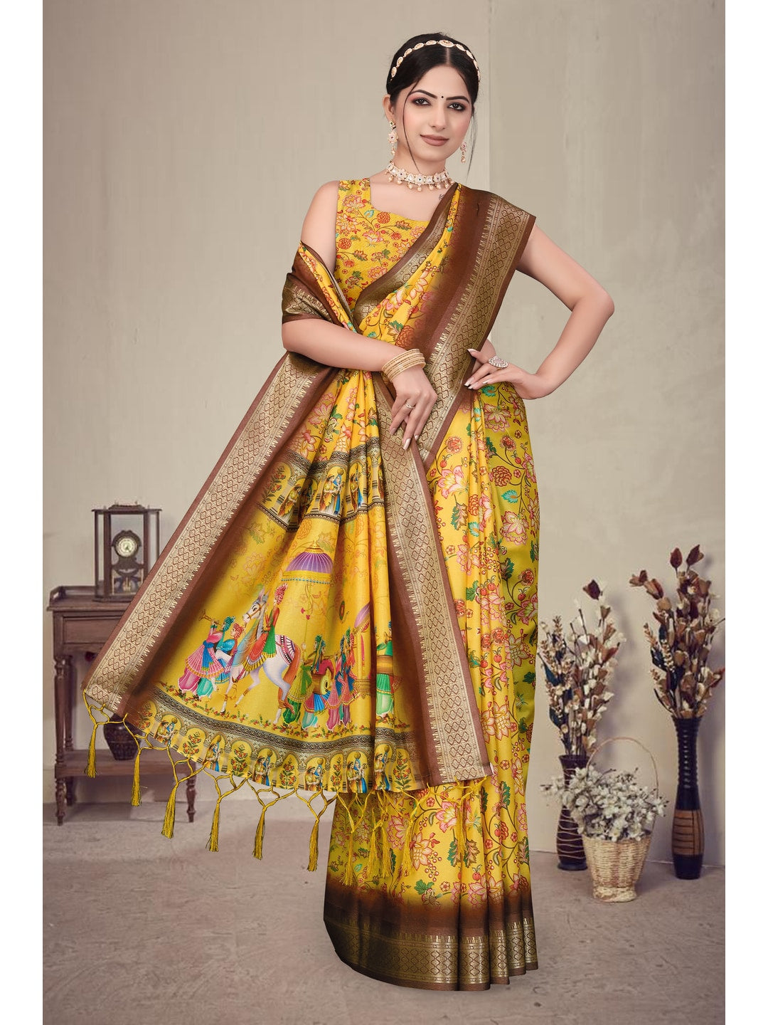 Peachmode Yellow Cotton Silk Digital Print Saree with Jacquard Border - Image 8