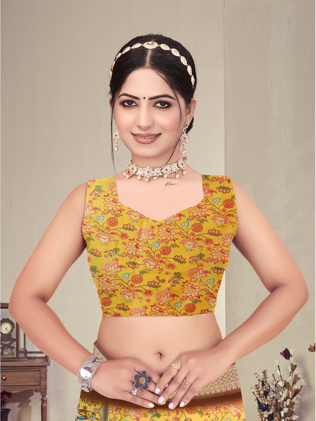 Peachmode Yellow Cotton Silk Digital Print Saree with Jacquard Border - Image 9
