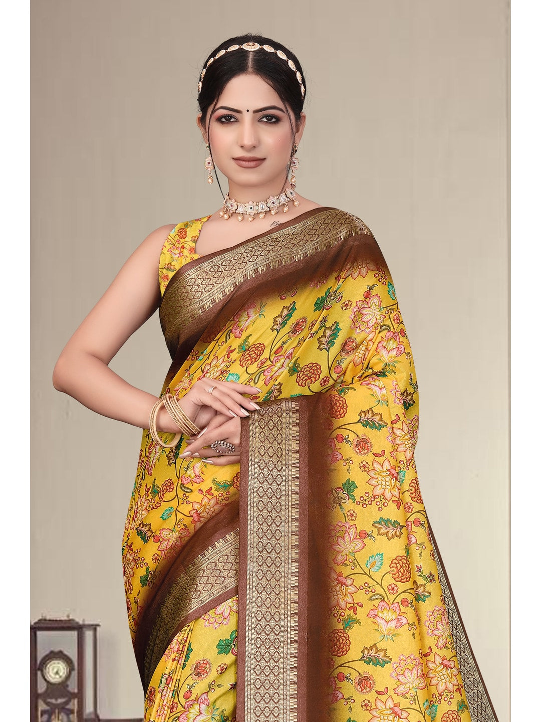 Peachmode Yellow Cotton Silk Digital Print Saree with Jacquard Border - Image 10