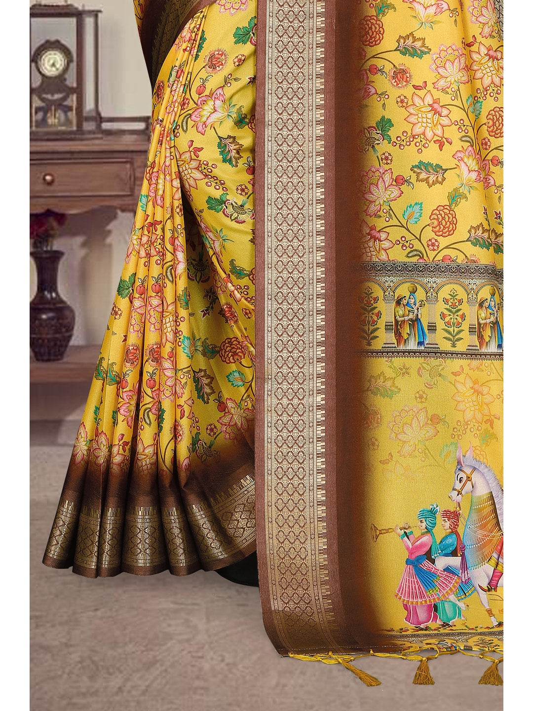 Peachmode Yellow Cotton Silk Digital Print Saree with Jacquard Border - Image 11