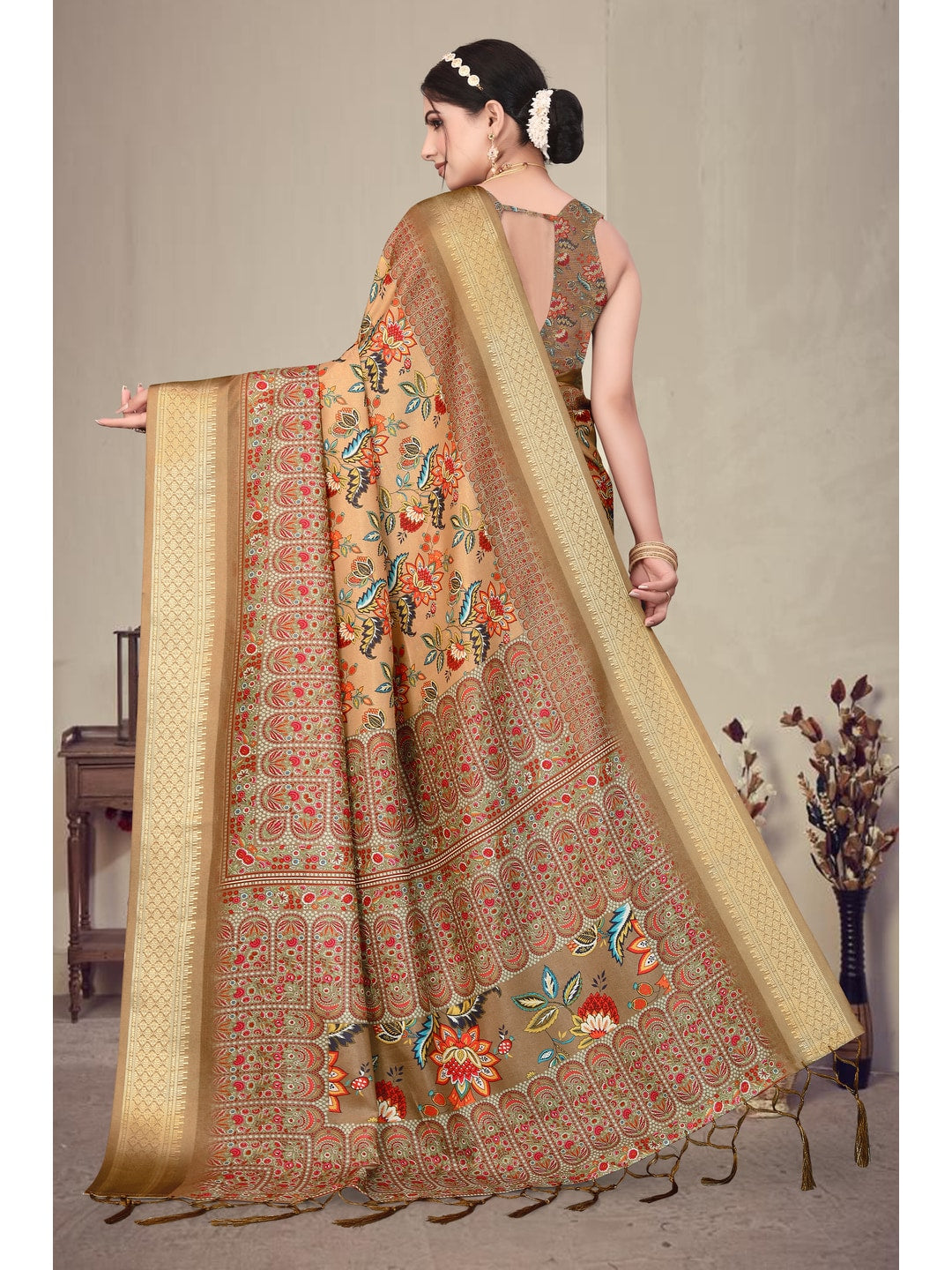 Peachmode Brown Cotton Silk Digital Print Saree with Jacquard Border - Image 5