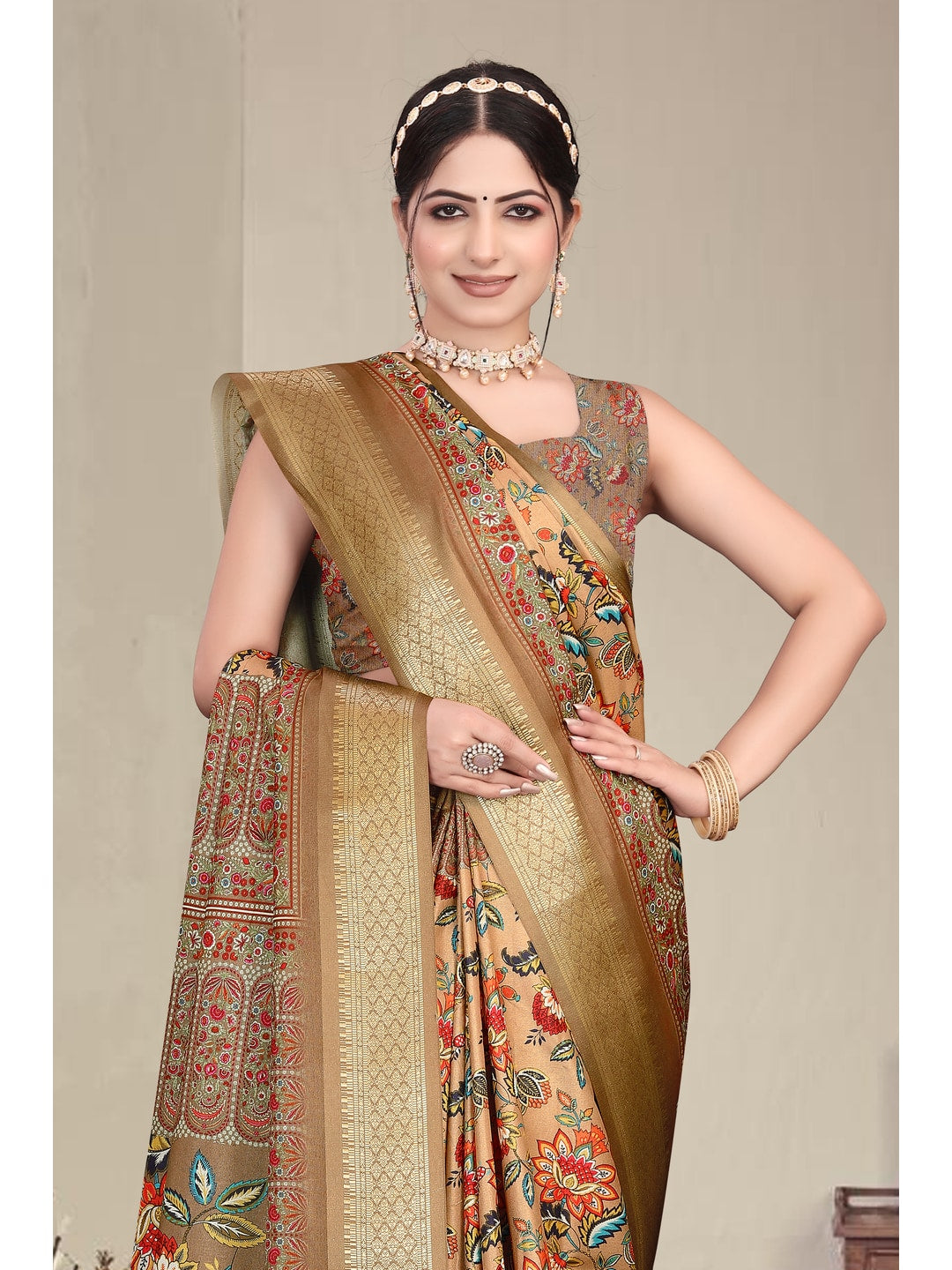 Peachmode Brown Cotton Silk Digital Print Saree with Jacquard Border - Image 6